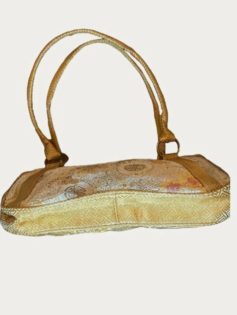 Vintage Yazinu Floral Metallic Brocade Silk Obi Style Asian Motif Shoulder Bag